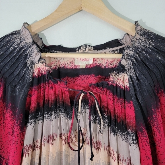 Parker Multi Tie-Dye 100% Silk Knee Length Dress Sz S Drawstring Long Sleeve - Picture 3 of 12